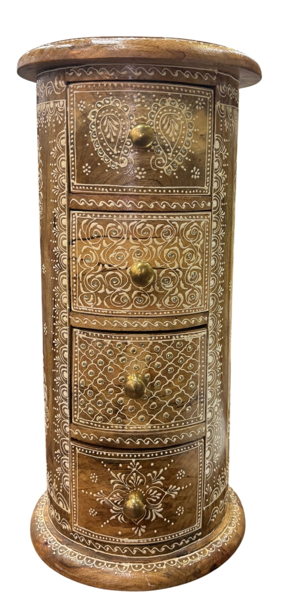 Round narrow side table with drawers