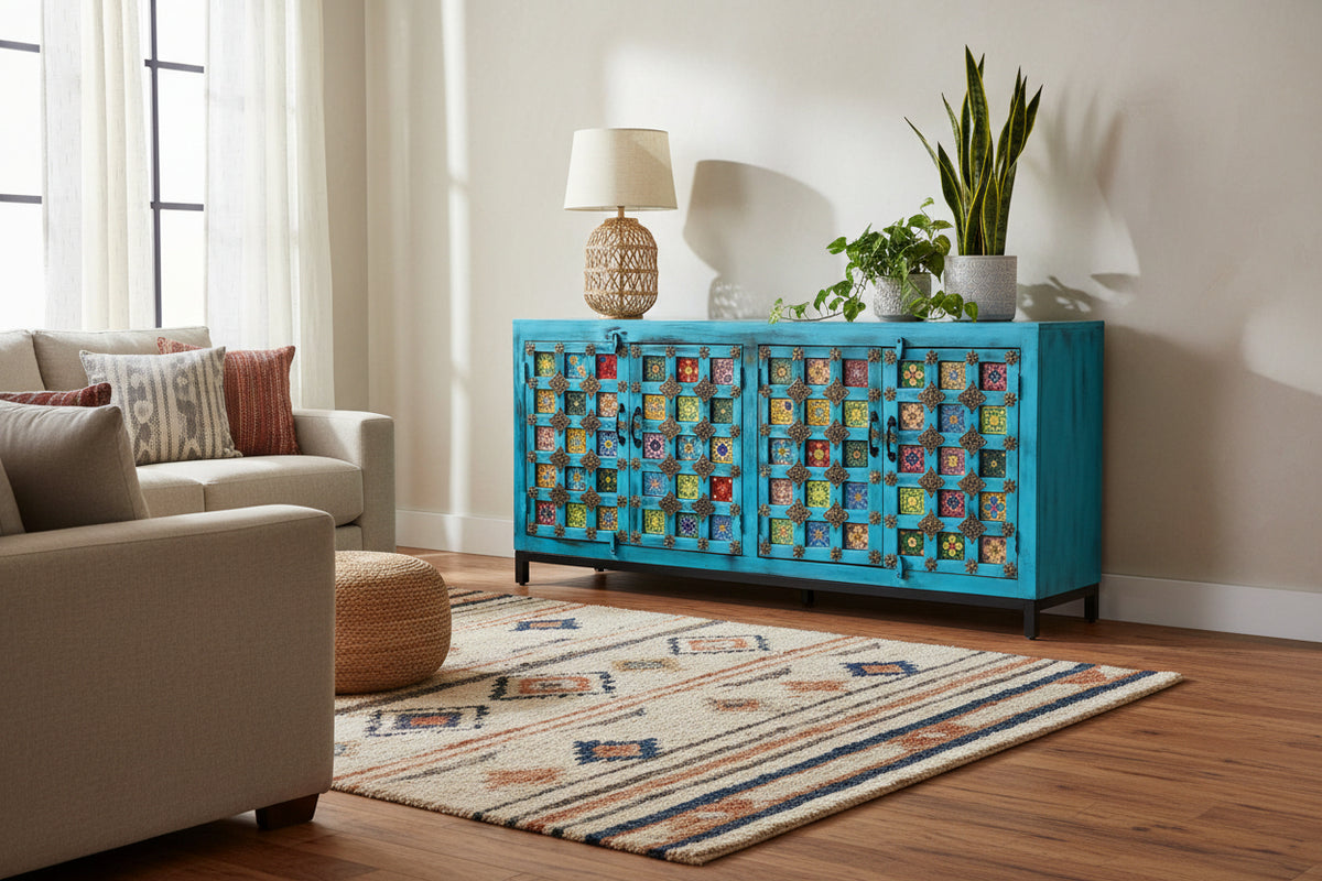 Decorative blue cabinet with colorful square patterns on a white background
