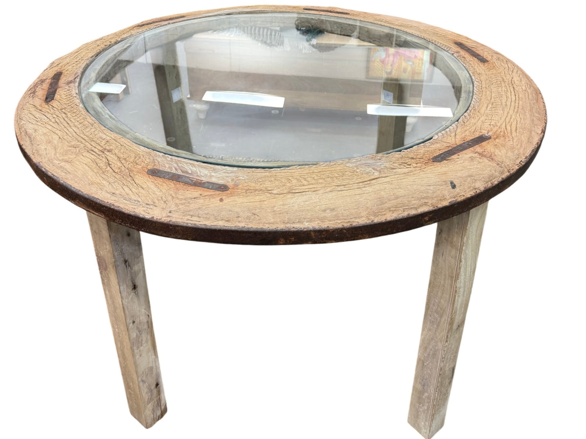 Cart wheel dining table