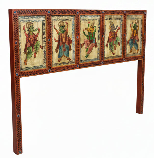 A decorative wall-mounted panel with five colorful painted figures in traditional attire, set in an ornate reddish-brown frame, displayed against a white wall in what appears to be a showroom or storage area.