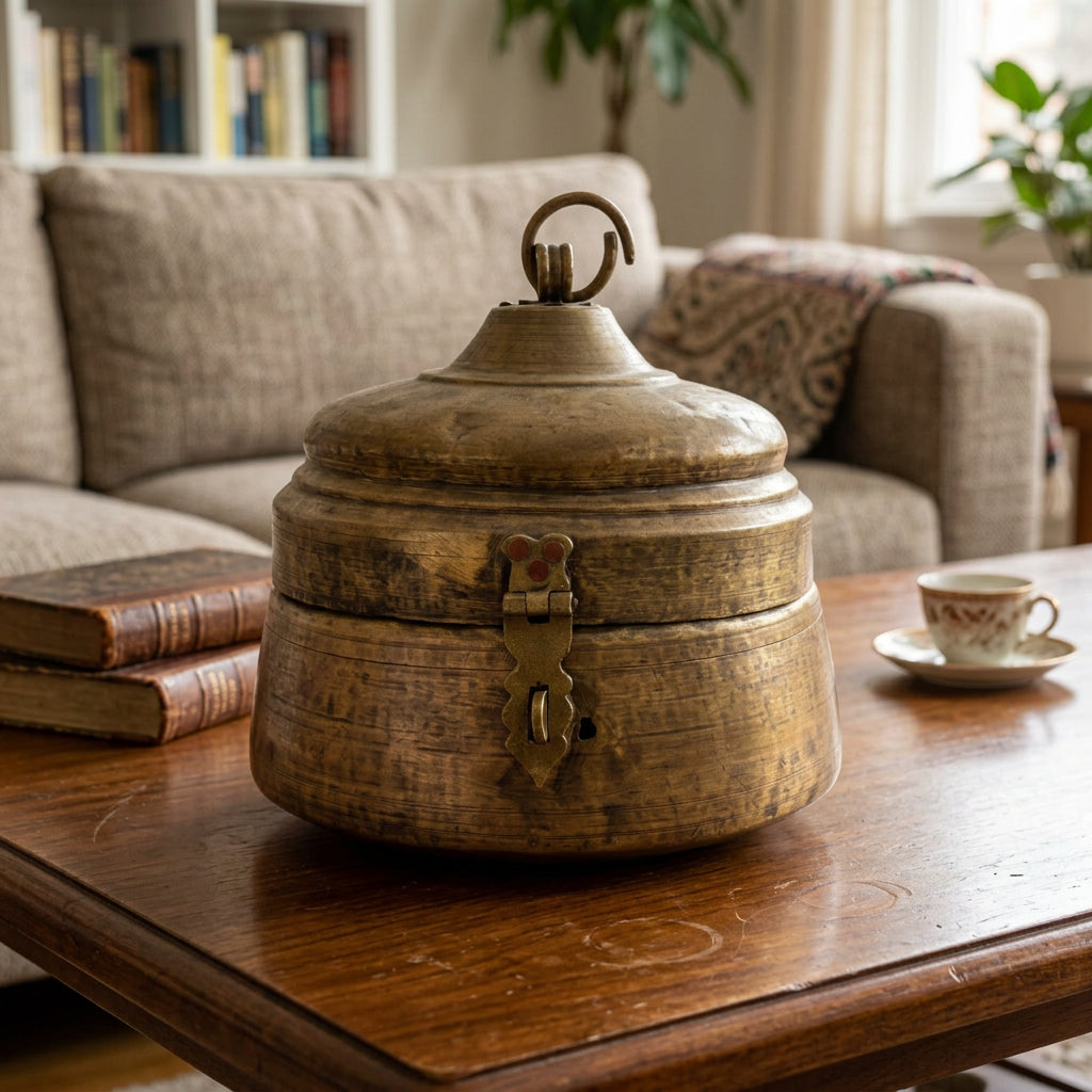 A vintage brass lidded storage box with a decorative metal clasp and top loop, displayed on a wooden table in a shop setting.