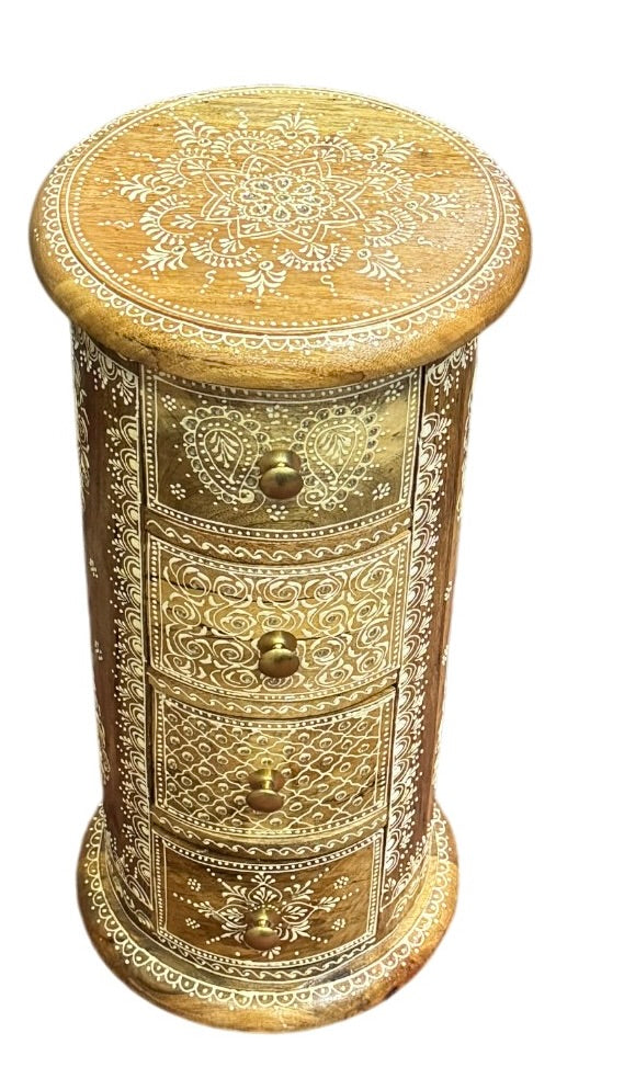 Round narrow side table with drawers