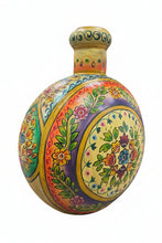 A round hand-painted ceramic bottle with a narrow neck, decorated with intricate floral and geometric patterns in yellow, purple, green, orange, and pink on a checkered gray background.