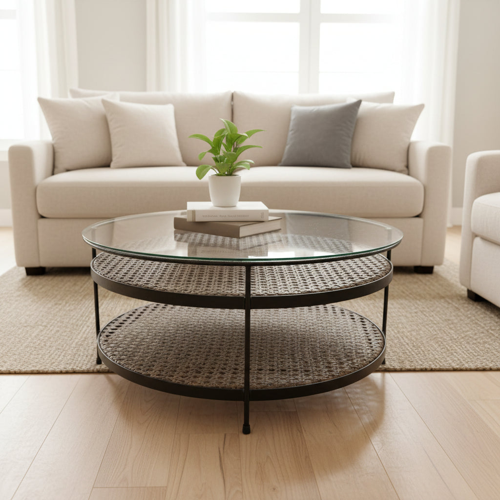 A round coffee table with a clear glass top, woven cane or rattan middle tier, and black metal frame, photographed in a furniture store interior.