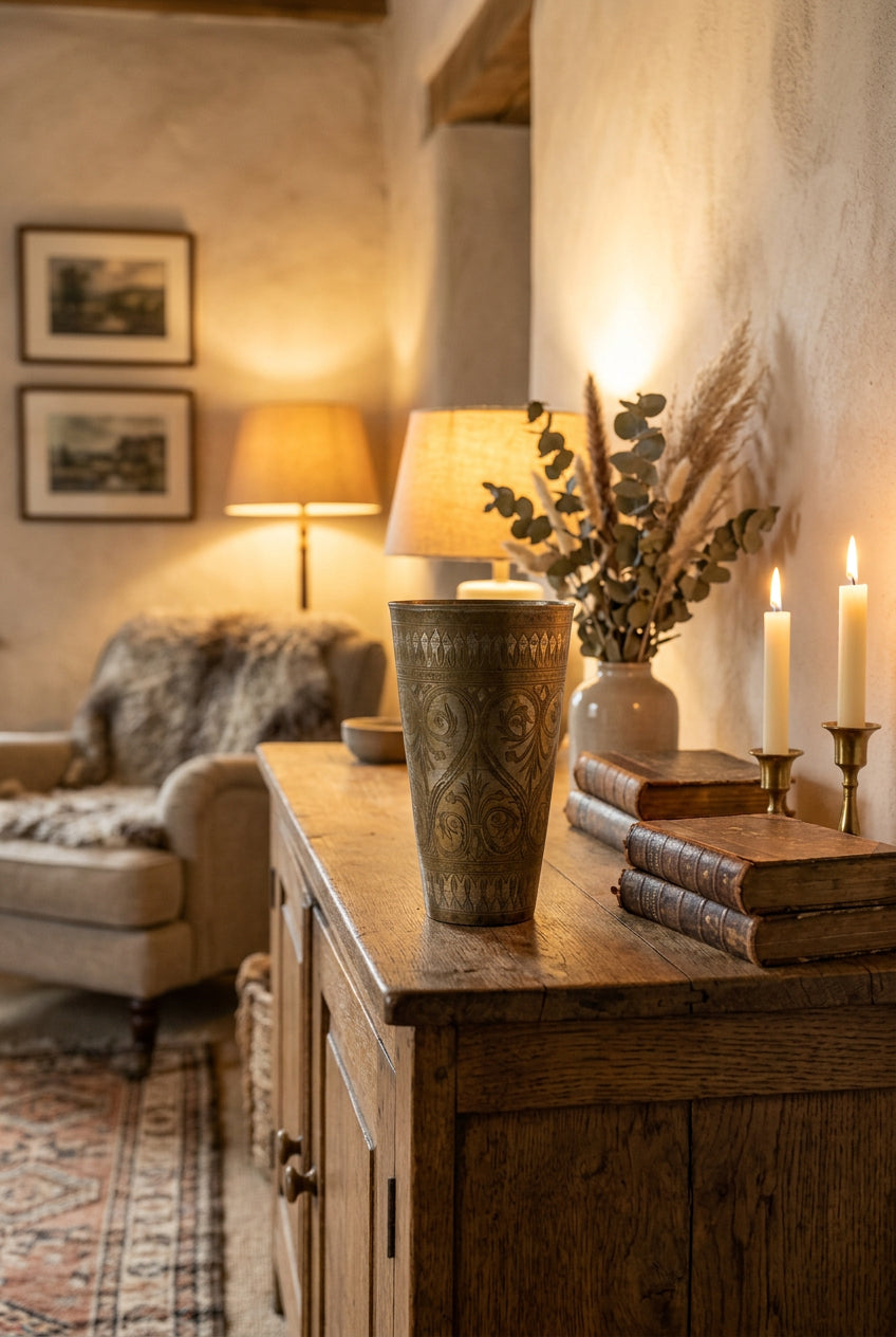 A tall, ornate bronze-toned metal vase with intricate embossed floral and geometric patterns, displayed on a wooden table in a furniture or decor store.