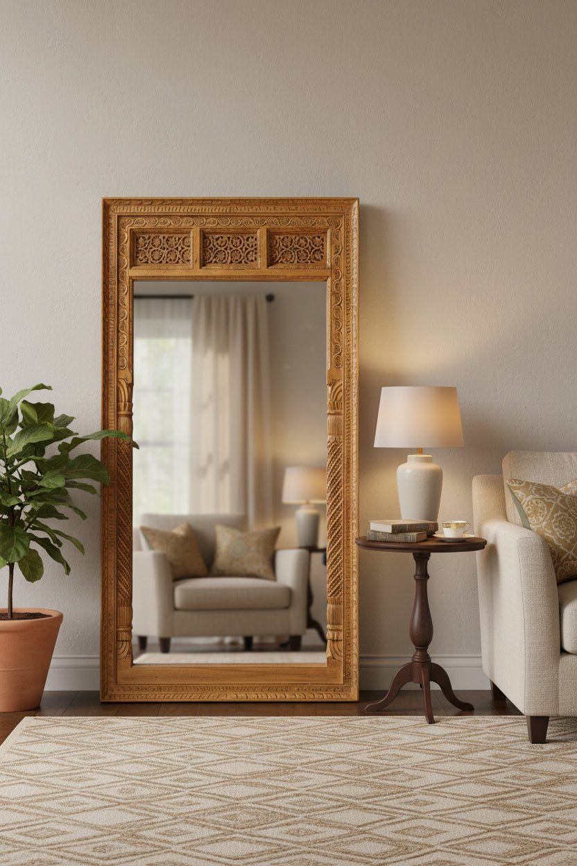 A large, full-length mirror with intricate hand-carved details around the frame.